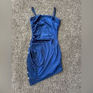 Blue Asymmetrical Mini Dress with Button Detail